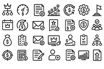 Dark business and finance UI icon pack with minimal line style
