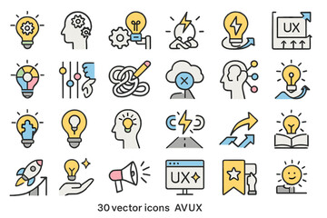 Set of 30 colorful UX and innovation icons on gradient background