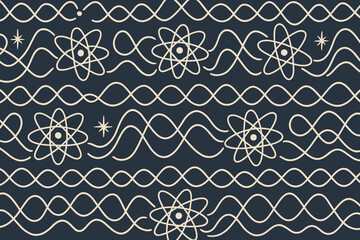 Atomic and wave pattern with stars in a seamless science-themed design