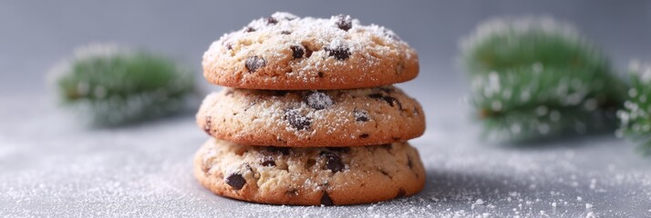 Snow-kissed chocolate chip cookies stack cozily, whispering winter solstice warmth and Nordic Yule tidings, frosted pine serenity
