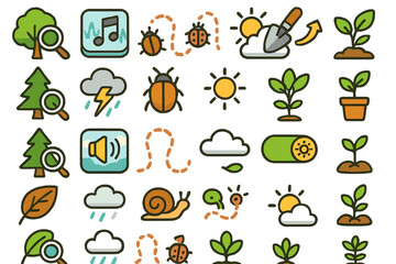 Obraz premium Colorful environmental icon set with insects, weather, and plant growth