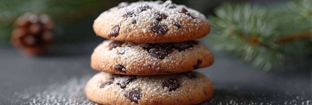 Fluffy chocolate chip cookies dusted with sugary snowflakes, embody hygge and Yule traditions amid evergreens and pinecones