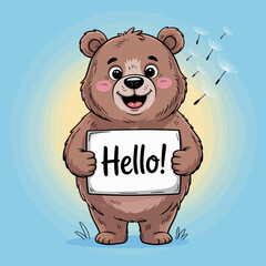Cheerful Bear with Hello Sign