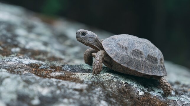 A contemplative tortoise traverses mossy stone, embodying slow travel philosophy and World Turtle Days gentle wisdom