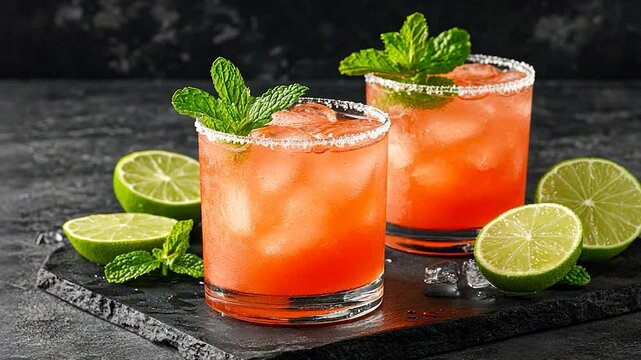 Refreshing orange beverage with ice cubes and mint garnish