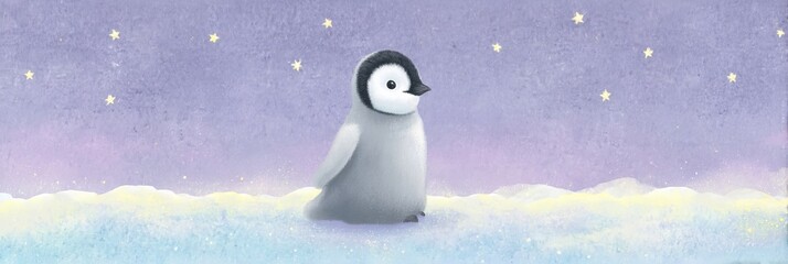 Charming penguin chick under starlit Antarctic aurora, celebrating World Penguin Day, celestial winter wonderland, whimsical arctic dreamscape