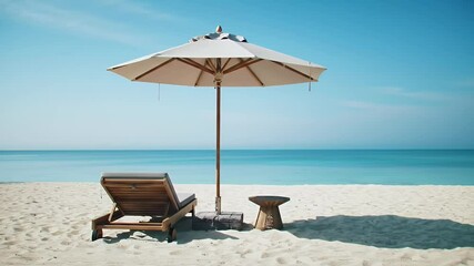 Tranquil beach scene with lounge chairs and umbrella perfect for relaxation and vacation getaways