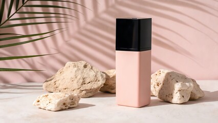 Minimalist aesthetic presentation of a beauty product with natural stone arrangement and palm leaf shadows.