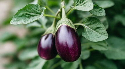 Two glistening eggplants dangle like royal baubles amid lush greenery, evoking Harvest Moon Festival and gourmet Earth Day feasts