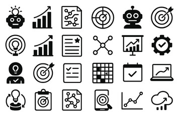 Set of black icons representing business, technology, data analysis, and progress.