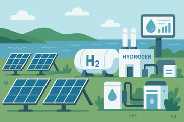 Illustration of renewable energy systems with solar panels and hydrogen production.