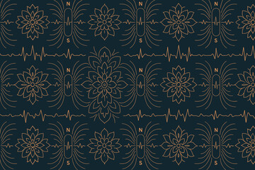 Seamless floral and magnetic field pattern with heartbeat lines