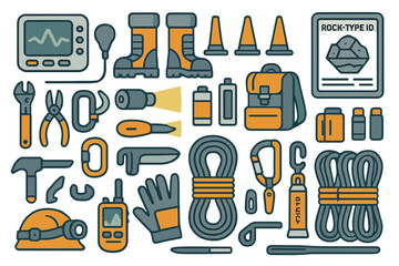 Climbing and geology gear icon set with tools, boots, rope, and scanners