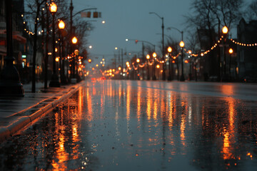 Gentle rain falling on quiet city street at dusk, streetlights reflecting on wet pavement, soft glow, peaceful ambiance