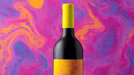 Vibrant wine bottle against psychedelic swirls, celebrating National Wine Day and cosmic Retro Festival, captivating vinous odyssey begins