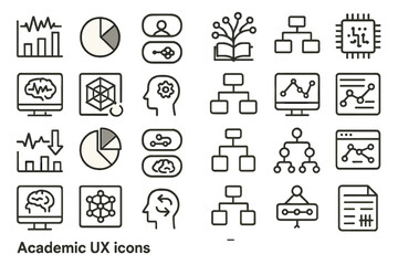Academic-themed UX icon set with charts, neural networks, and data structures