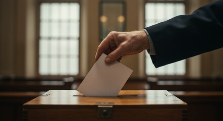 Hand depositing ballot into wooden box during election process