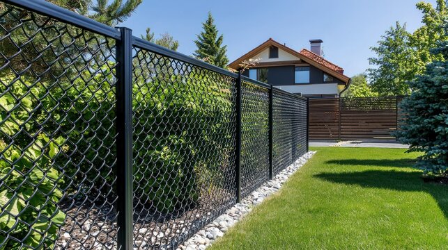 A black metal chain-link fence with a green lawn in front of a house with a red roof.