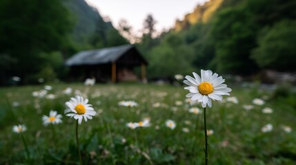 Blooming daisies dance in morning meadow, whispering spring equinox secrets, nature's rejuvenation, rustic tranquil retreat vibe