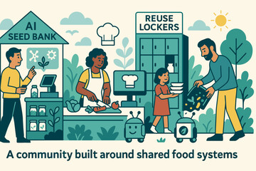 Illustration of shared food systems with AI seed bank and reuse lockers