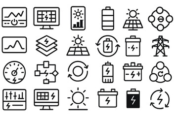 Black energy and battery icon set on dark background