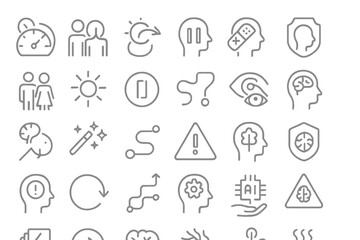 Outlined mental health and psychology icon set with symbolic designs
