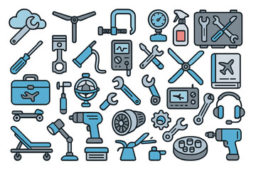 Color vector icons of aviation repair tools and aircraft maintenance gear