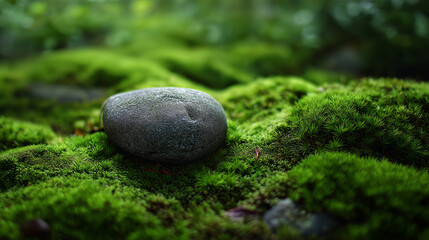 Perfectly placed stone surrounded by smooth green moss, captured in soft diffused light, emphasizing calmness and simplicity