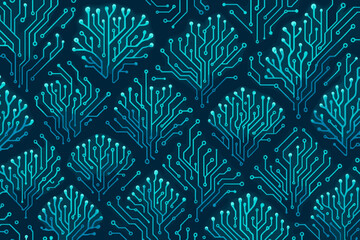 Seamless glowing circuit tree pattern with branching neon lines on a dark background