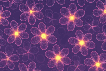 Seamless glowing floral pattern with neon pink petals on purple background