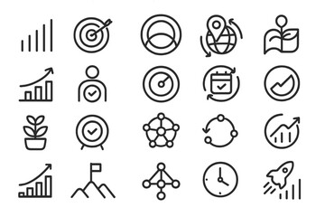 A collection of minimalist business and growth icons, including charts, goals, location, calendar, and success symbols, in a sleek and modern design.