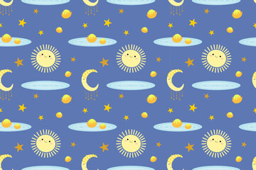 Beautiful cartoon seamless pattern. Sun is smiling, sleeping moon, crescent moon, yellow flowers, stars, night sky, flowers on  water, sleep. For wallpaper, textiles, background, packaging or website.