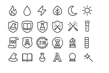 Set of 20 vector icons with magical, academic, and adventure themes.