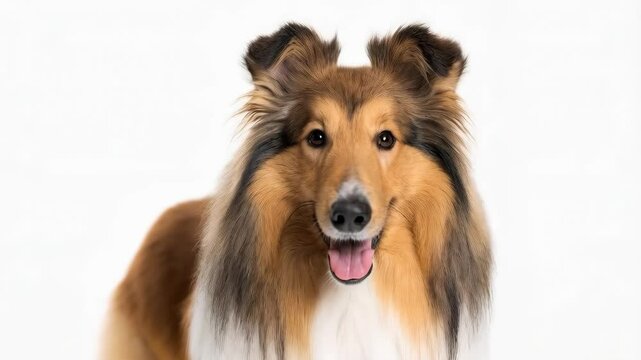 Elegant Collie dog posing with a fluffy fur chest and a happy expression in a studio shot against a pure white seamless backdrop.