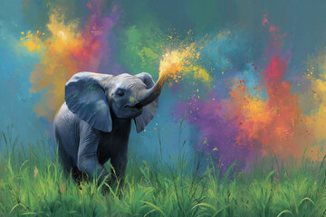 Baby elephant spraying colorful paint from trunk in green meadow, cheerful and playful