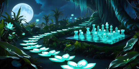 Mystical Chessboard with Glowing Lotus Flowers
