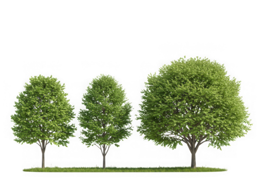 Three green trees of varying sizes isolated on transparent background