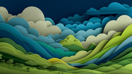Smooth paper-cut style layers of green hills and blue sky, symbolizing environmental harmony