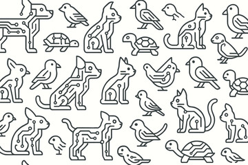 Minimal circuit-style animal icons in seamless vector pattern