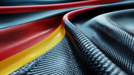 A close-up of a black and red flag with a carbon fiber texture, featuring the colors of the German flag.