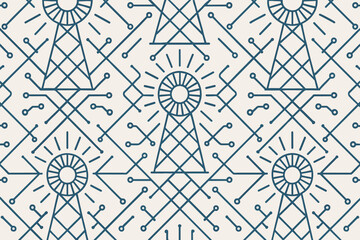 Blue lattice towers and circuit lines seamless pattern on cream