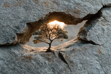 Tree grows from cracked stone, branches reaching light, symbolizing resilience and strength through hardship