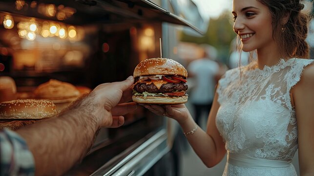A young woman receives a delicious burger from a food truck vendor - Powered by Adobe