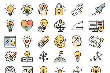 Fototapeta premium Colorful vector icon set representing creativity, ideas, and growth
