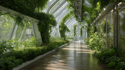 Transparent greenhouse powered by sun’s energy, plants growing along solar panel walls, radiating light nurturing ecosystem inside