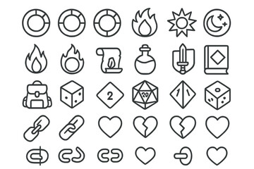 Fototapeta premium Outline icon set with RPG symbols, dice, hearts, potions, and scrolls