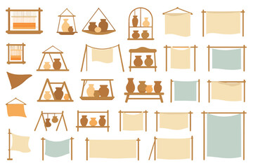 Watercolor-style icons of pottery shelves, fabrics, and market decor