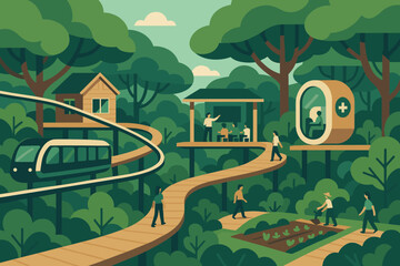 Eco-friendly forest community with education, healthcare, and transport