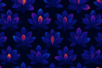 Seamless pattern of glowing violet flowers on dark background