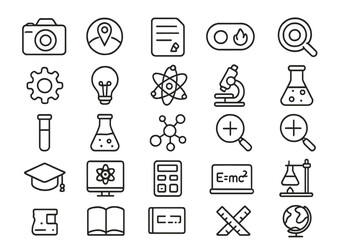 Line icon set of science, lab, and education elements on dark background
